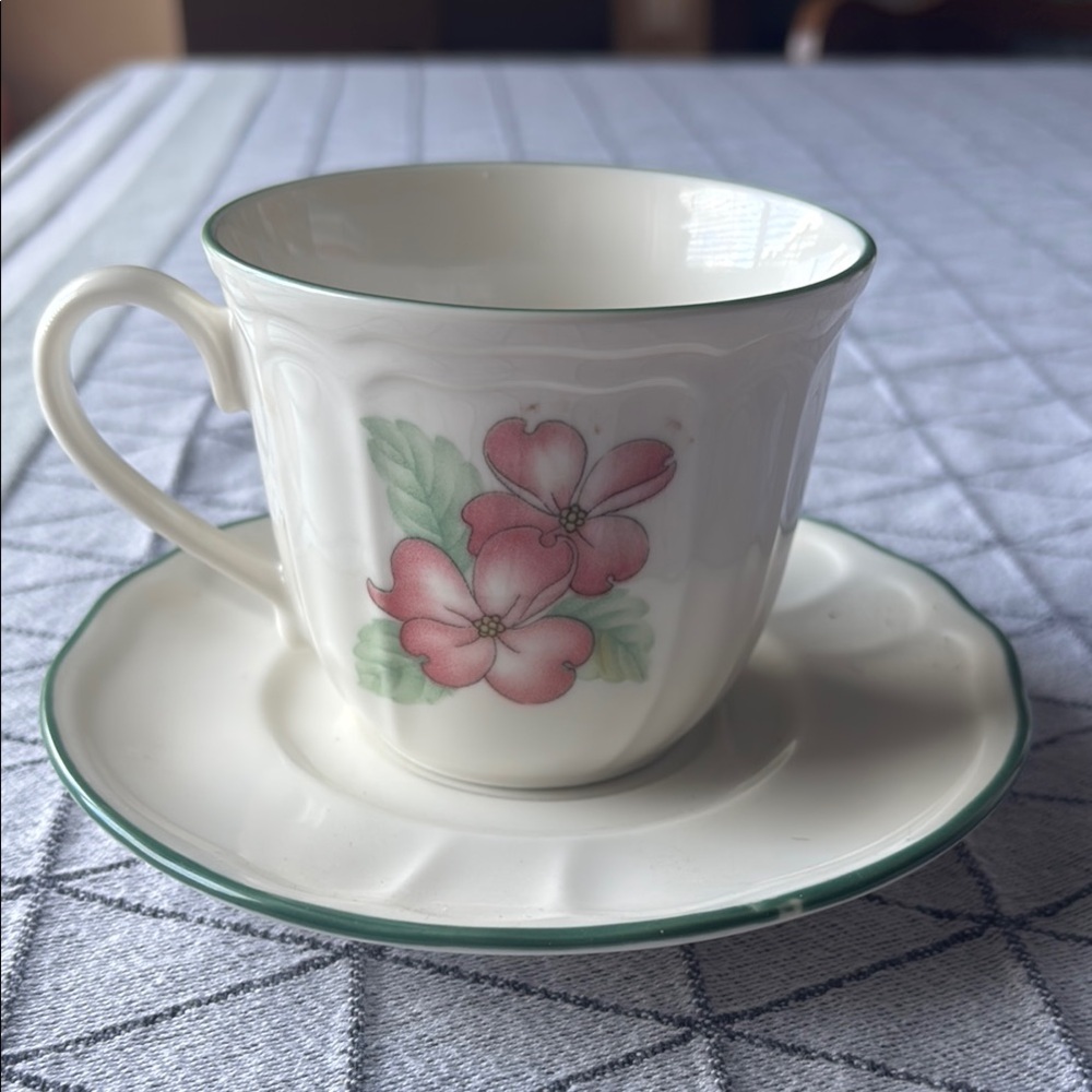Floral Teacup and Saucer Set - Pink and Green